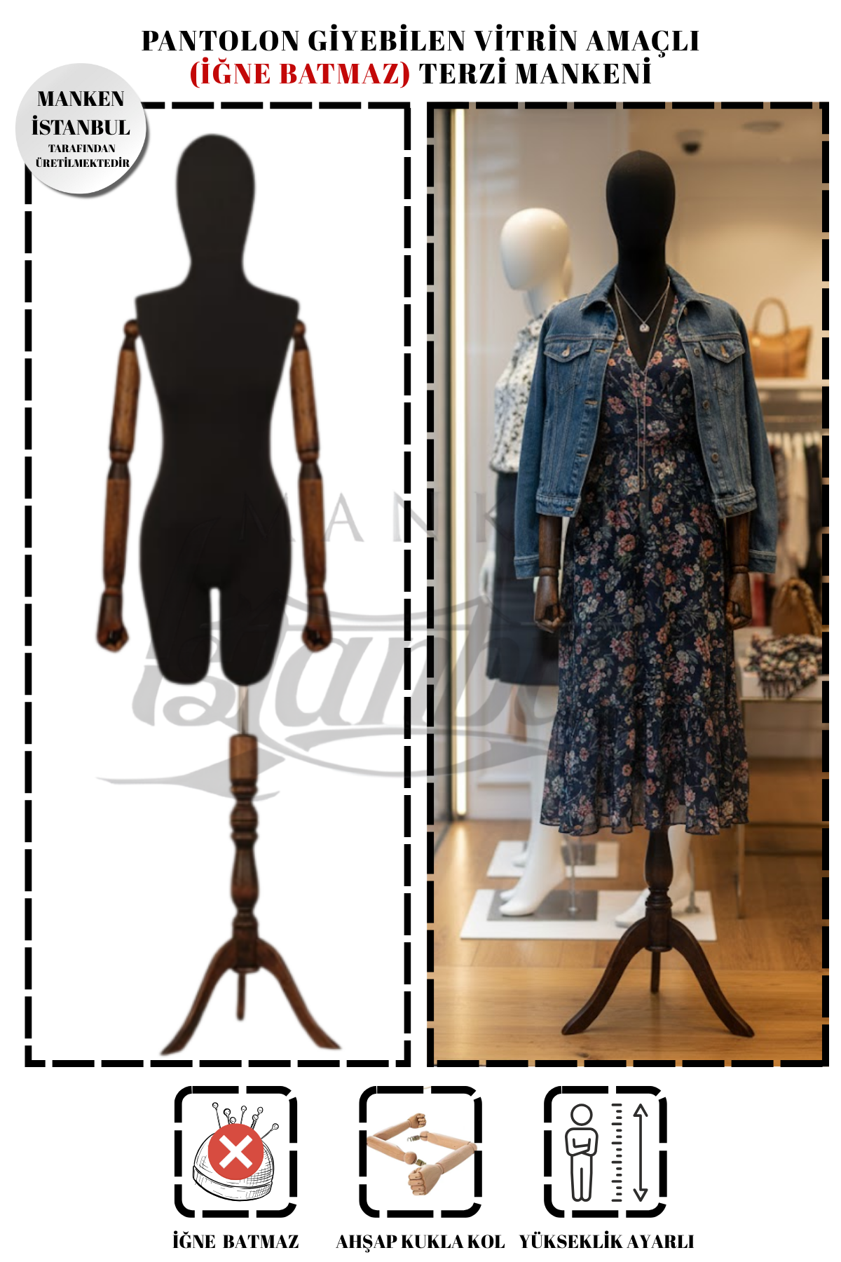 Pantolon Giyebilen Ahşap Kollu Terzi Mankeni Vitrin Mankeni