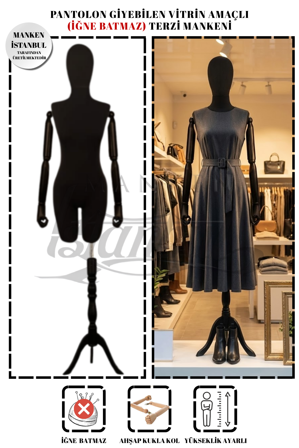 Pantolon Giyebilen Ahşap Kollu Terzi Mankeni Vitrin Mankeni