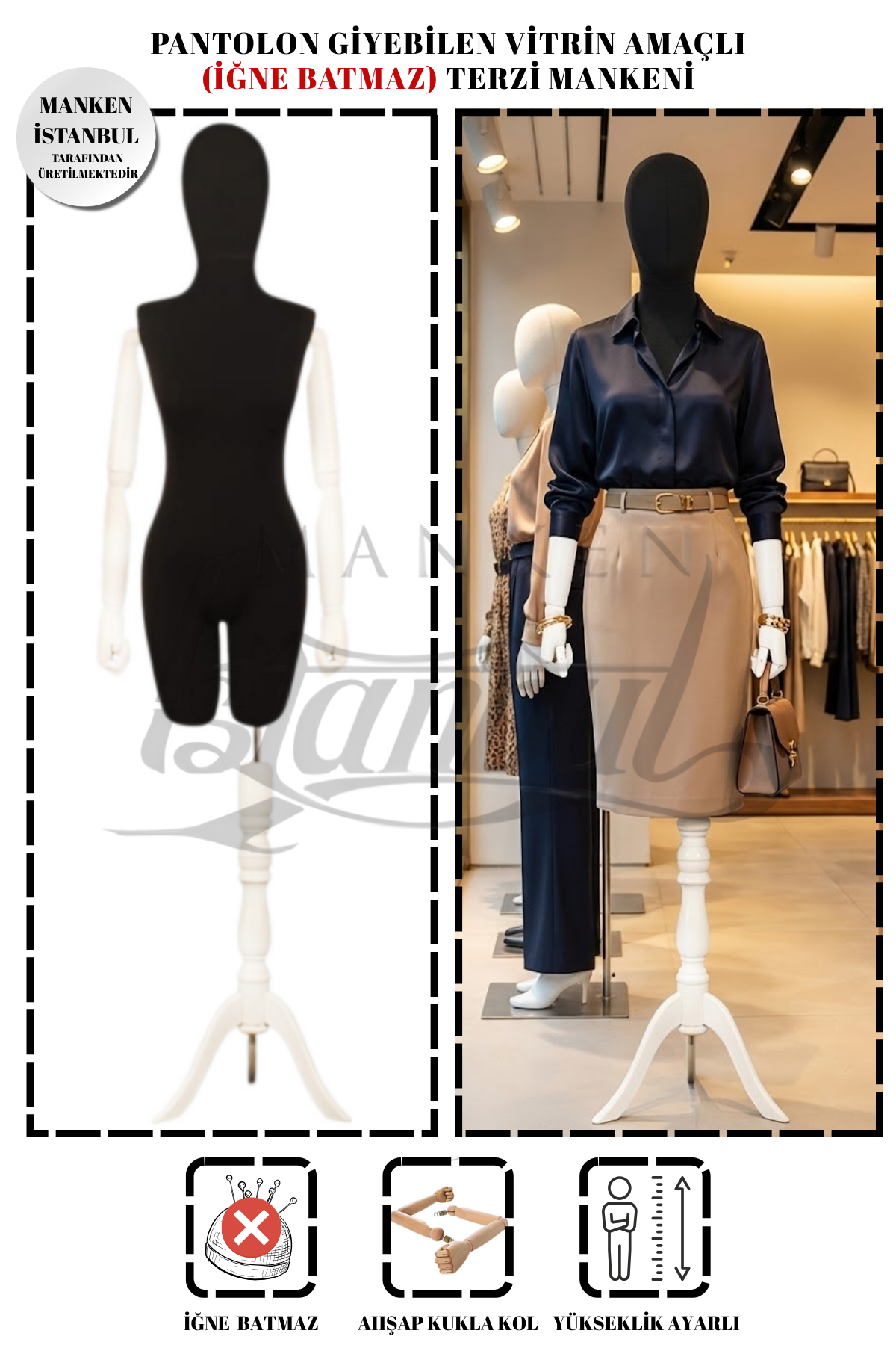 Pantolon Giyebilen Ahşap Kollu Terzi Mankeni Vitrin Mankeni