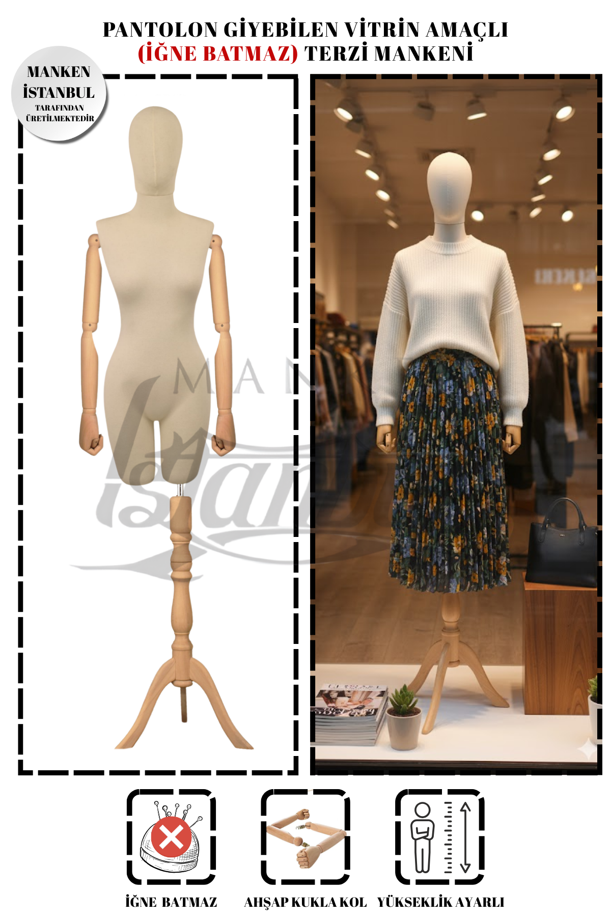 Pantolon Giyebilen Ahşap Kollu Terzi Mankeni Vitrin Mankeni