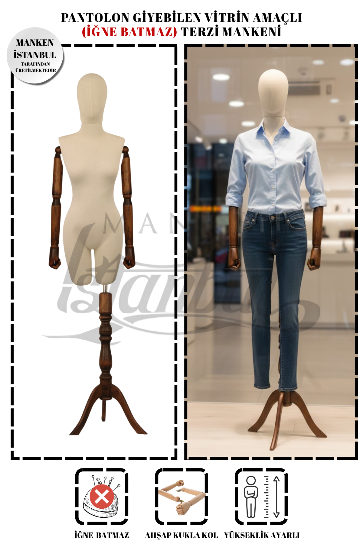 Pantolon Giyebilen Ahşap Kollu Terzi Mankeni Vitrin Mankeni