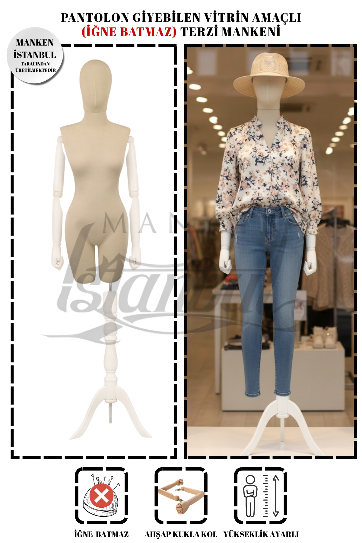 Pantolon Giyebilen Ahşap Kollu Terzi Mankeni Vitrin Mankeni