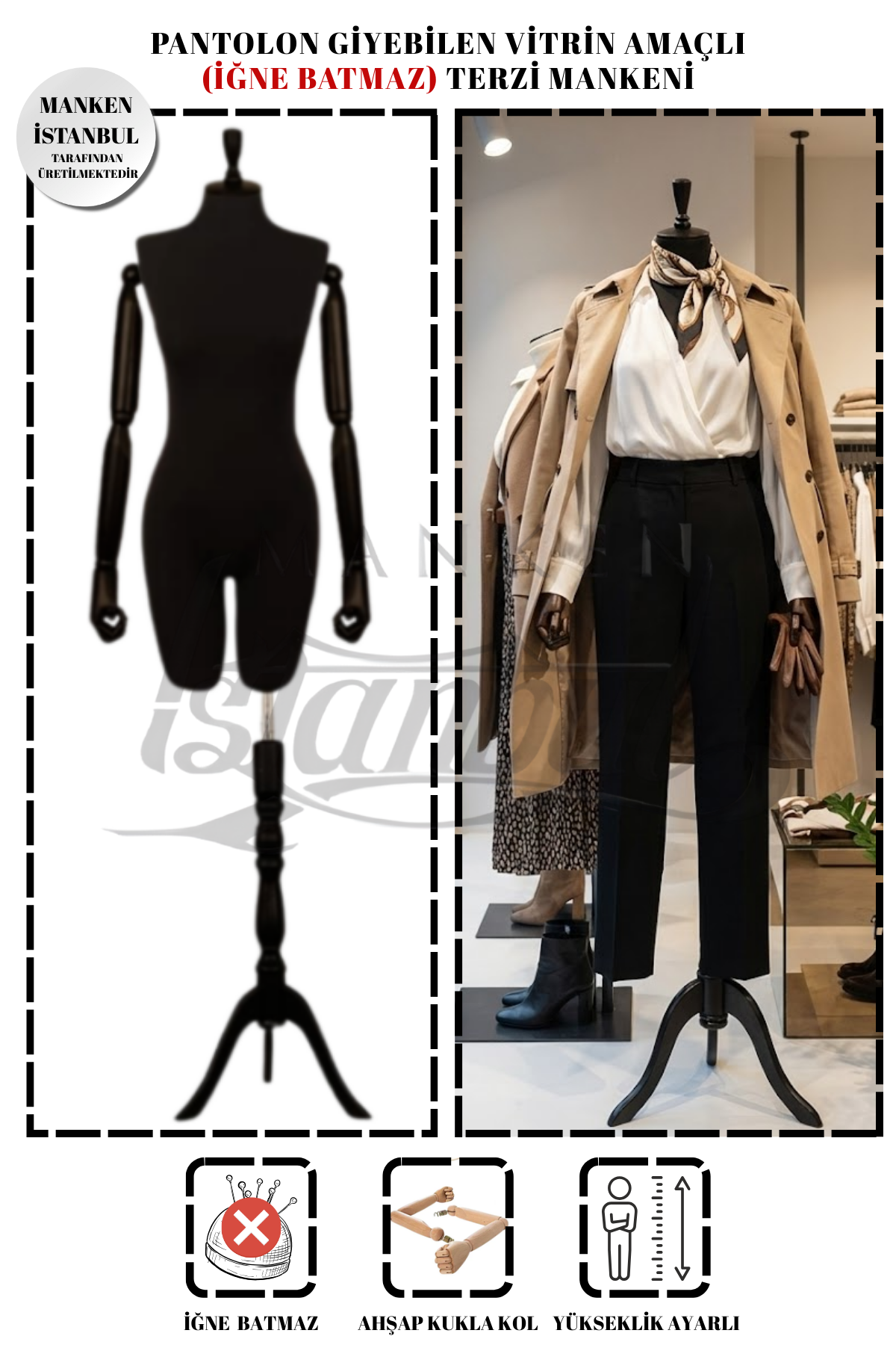 Pantolon Giyebilen Ahşap Kollu Terzi Mankeni Vitrin Mankeni