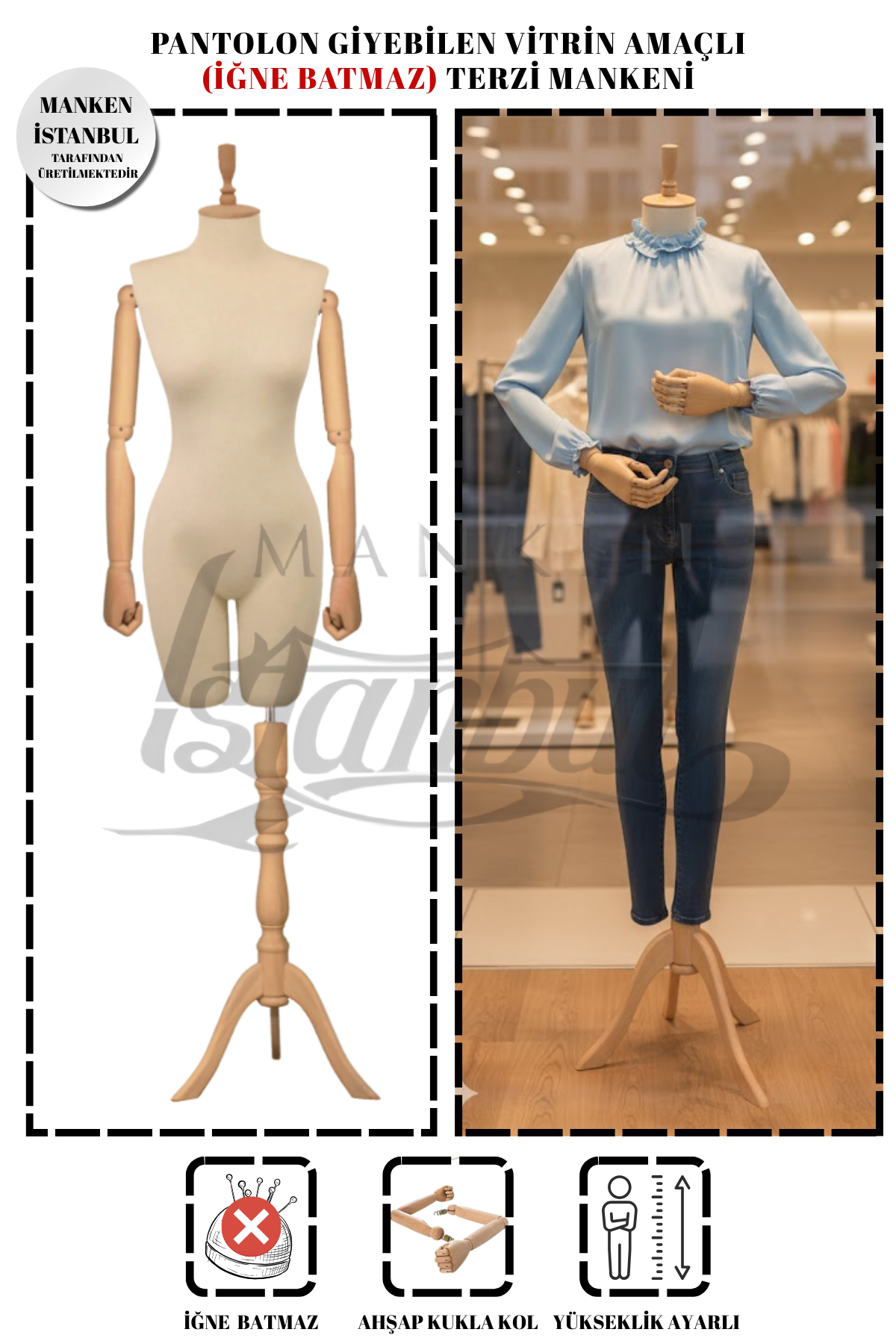 Pantolon Giyebilen Ahşap Kollu Terzi Mankeni Vitrin Mankeni