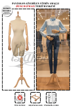 Pantolon Giyebilen Ahşap Kollu Terzi Mankeni Vitrin Mankeni