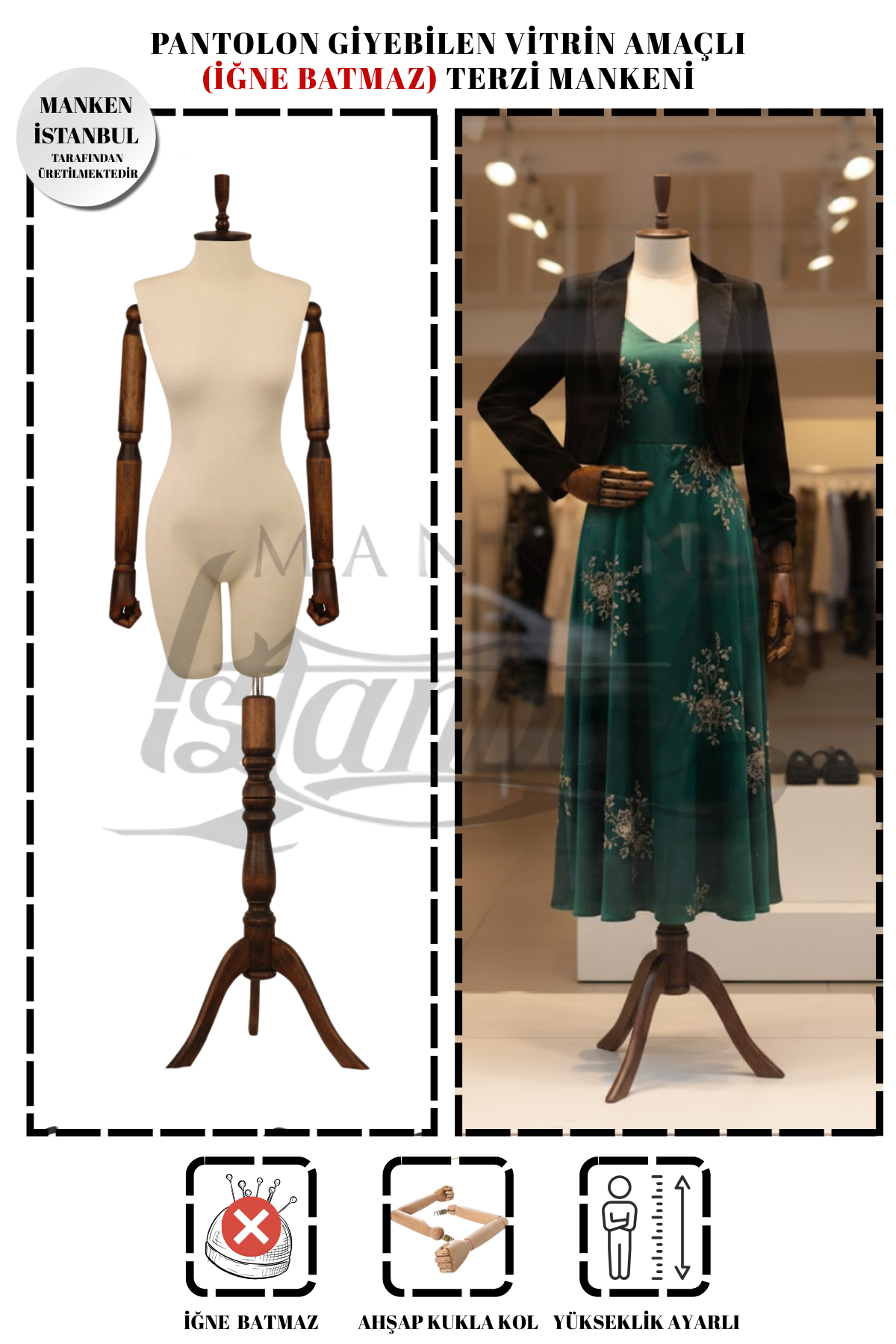 Pantolon Giyebilen Ahşap Kollu Terzi Mankeni Vitrin Mankeni