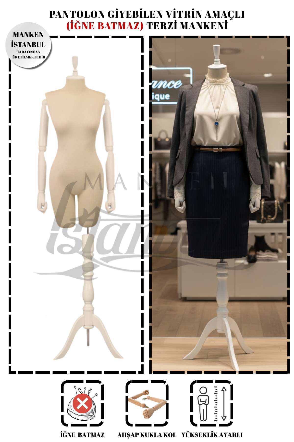 Pantolon Giyebilen Ahşap Kollu Terzi Mankeni Vitrin Mankeni