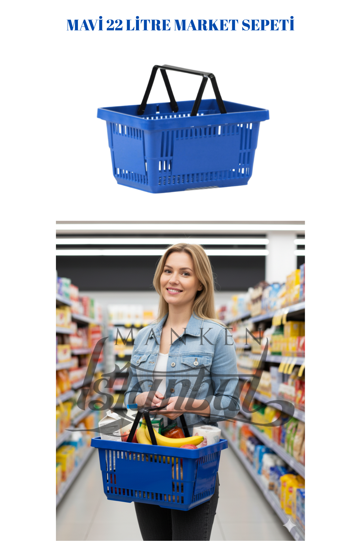 22 Litre  Market Sepeti, Alışveriş Sepeti, Saplı Market Sepeti MAVİ - 3 ADET