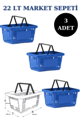 22 Litre  Market Sepeti, Alışveriş Sepeti, Saplı Market Sepeti MAVİ - 3 ADET