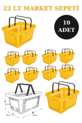 22 Litre  Market Sepeti, Alışveriş Sepeti, Saplı Market Sepeti SARI - 10 ADET