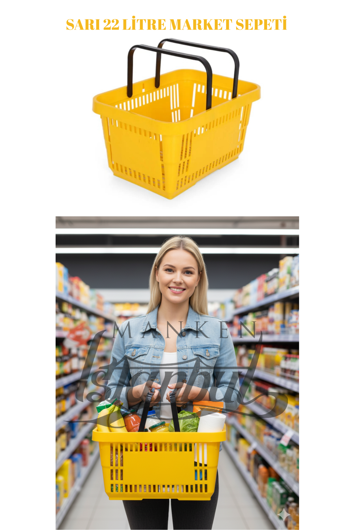 22 Litre  Market Sepeti, Alışveriş Sepeti, Saplı Market Sepeti SARI - 2 ADET
