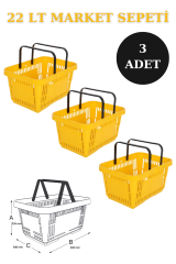 22 Litre  Market Sepeti, Alışveriş Sepeti, Saplı Market Sepeti SARI - 3 ADET