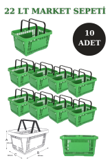22 Litre  Market Sepeti, Alışveriş Sepeti, Saplı Market Sepeti YEŞİL - 10 ADET
