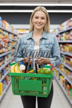 22 Litre  Market Sepeti, Alışveriş Sepeti, Saplı Market Sepeti YEŞİL - 3 ADET