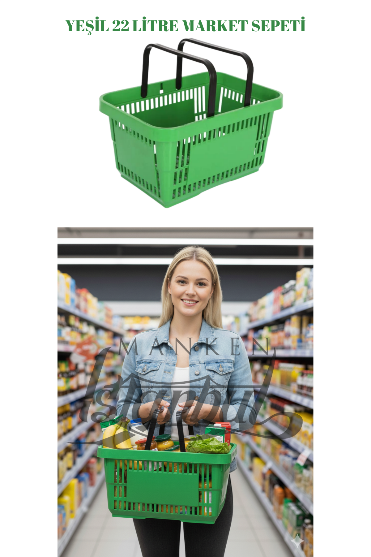 22 Litre  Market Sepeti, Alışveriş Sepeti, Saplı Market Sepeti YEŞİL - 3 ADET