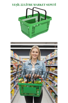 22 Litre  Market Sepeti, Alışveriş Sepeti, Saplı Market Sepeti YEŞİL - 3 ADET