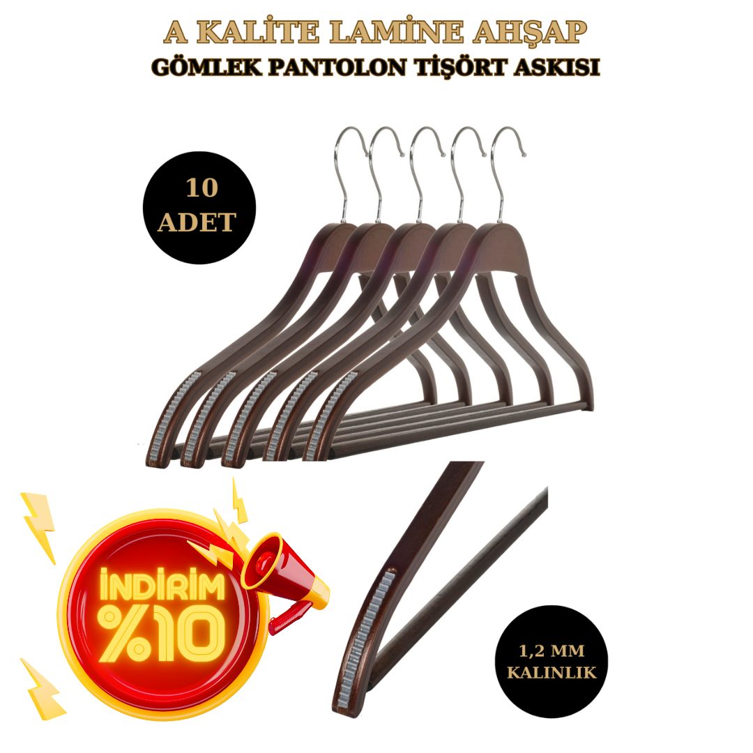 10 Adet A Kalite Lamine Erkek Ceket Askısı Gömlek Askısı  Ahşap Askı