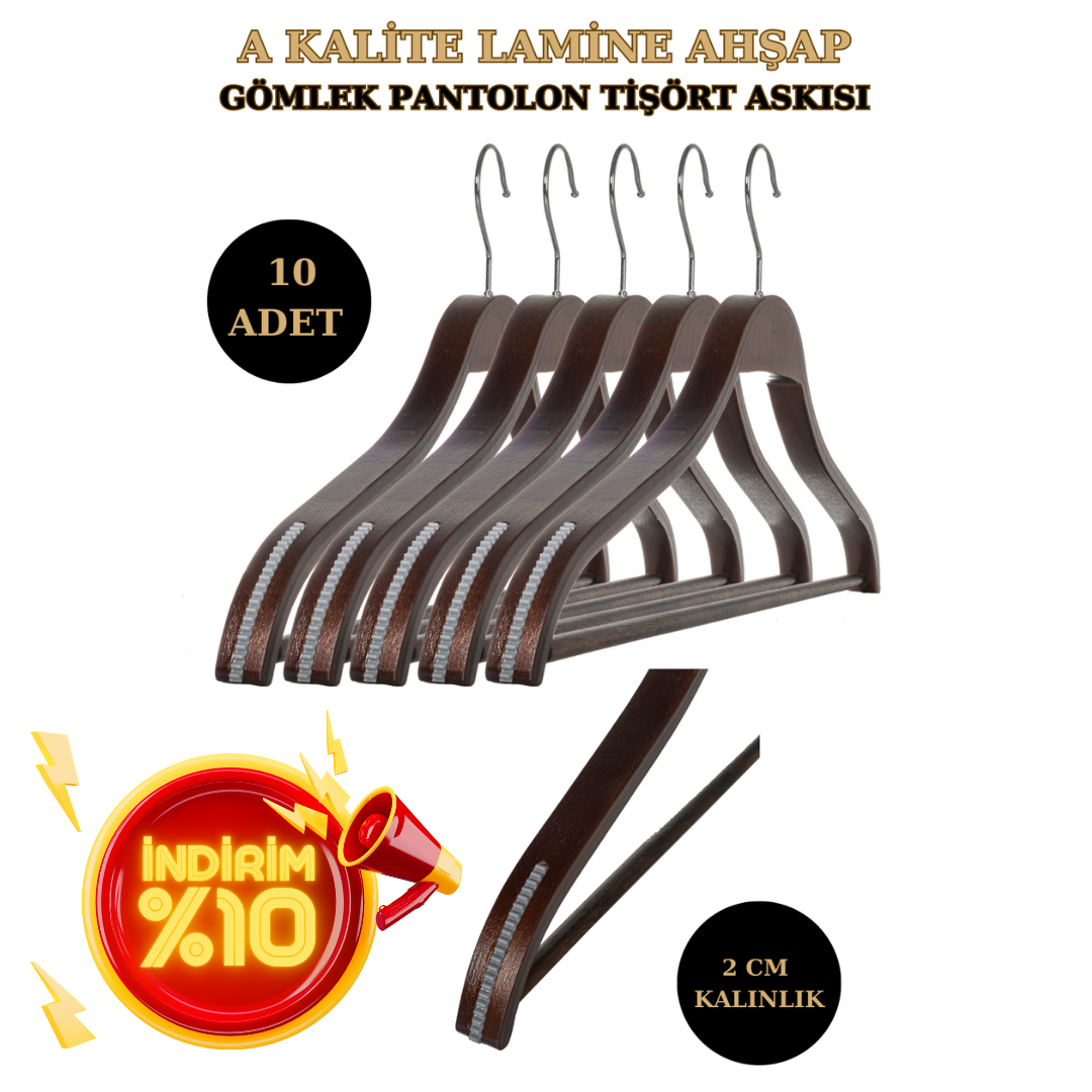10 Adet A Kalite Lamine Erkek Ceket Askısı Gömlek Askısı  Ahşap Askı