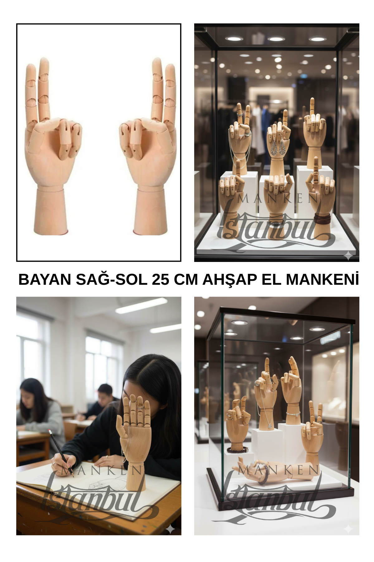 Ahşap Sol ve Sağ Bayan El 25 cm-Eskiz El Mankeni