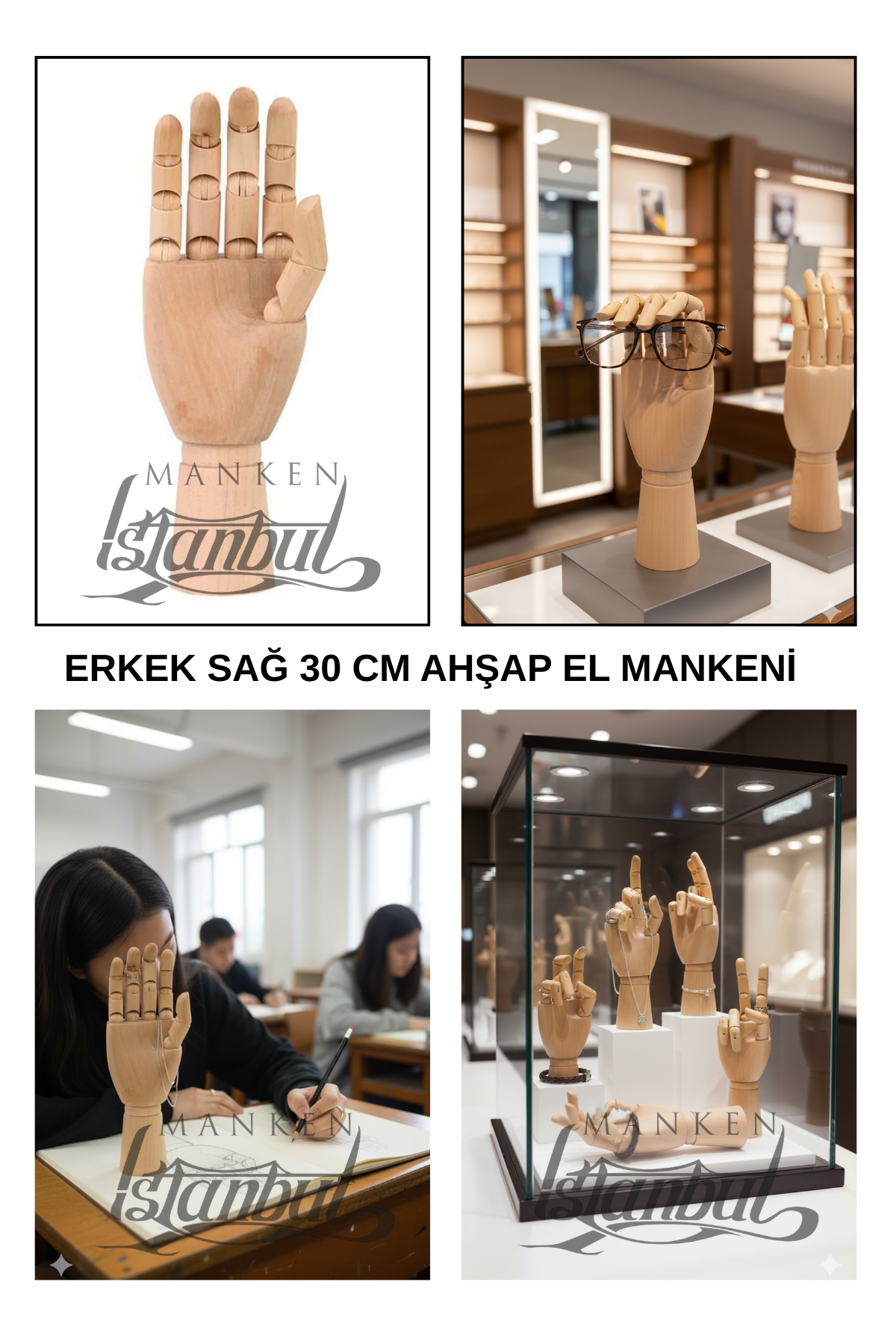 Ahşap Sağ Erkek El 30 cm-Eskiz El Mankeni