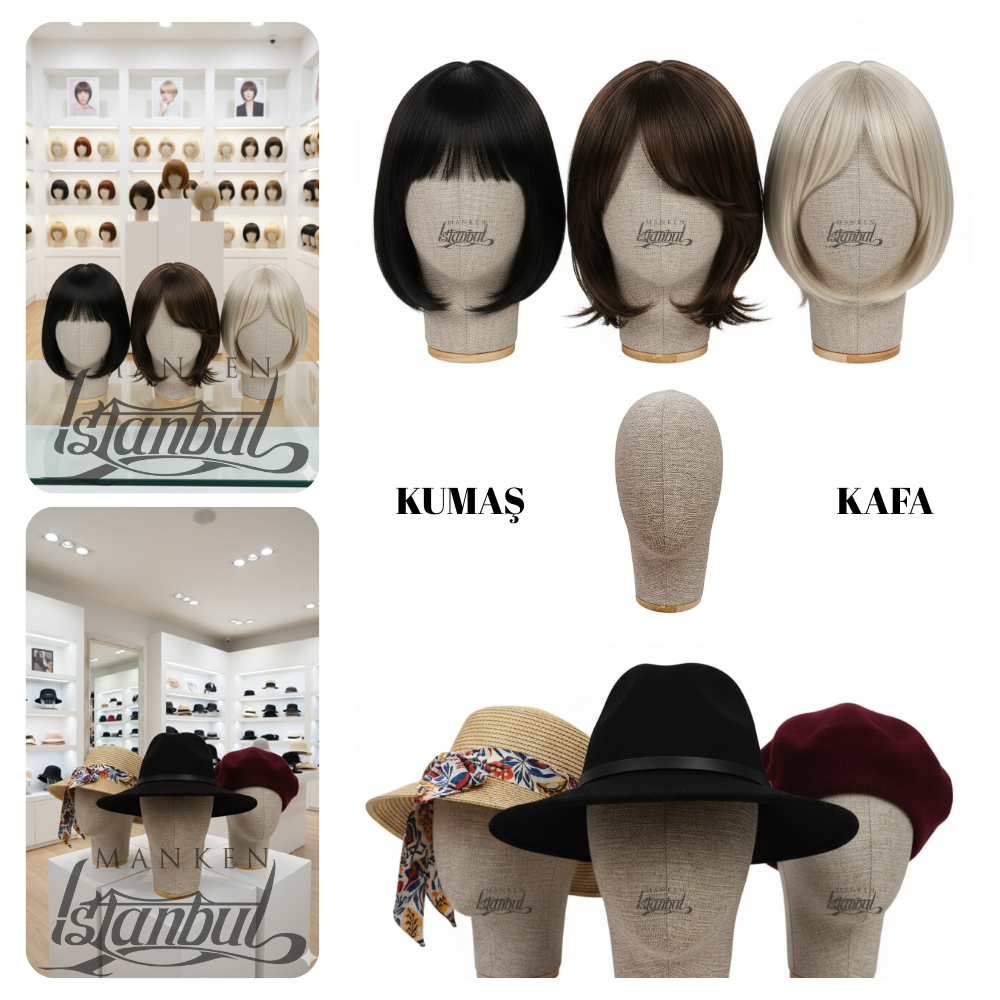 Bayan keten kumaş kaplı kafa mankeni