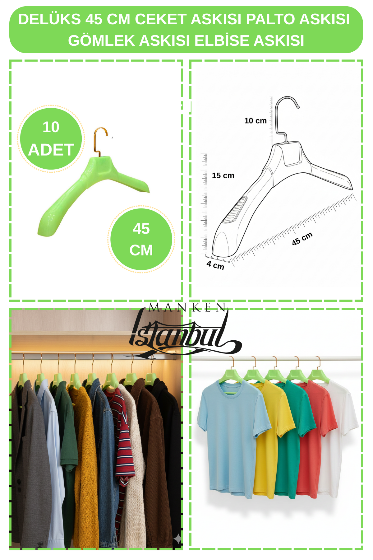 Yeşil 45 cm ABS Plastik Ceket Askısı Palto Askısı