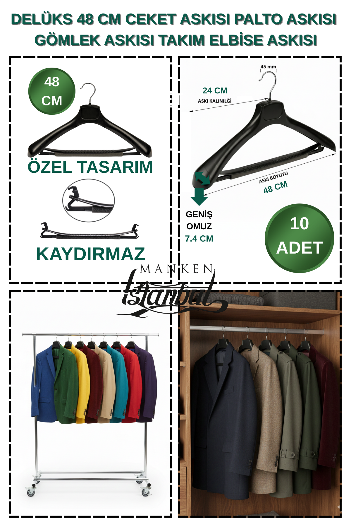 10 Adet 48 Cm Kaydırma Yapmaz, Geniş Omuz, Özel Üretim Ceket Askısı,Palto Askısı,Takım Elbise Askısı