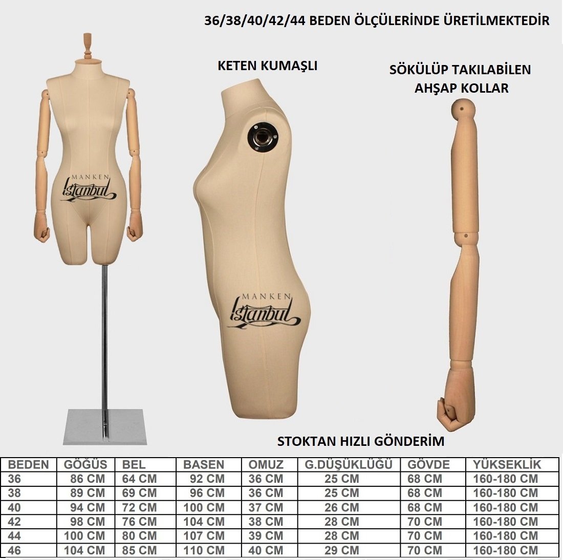 Keten Kumaş Pantolon Giyebilen Ahşap Kol Terzi Mankeni Vitrin Mankeni