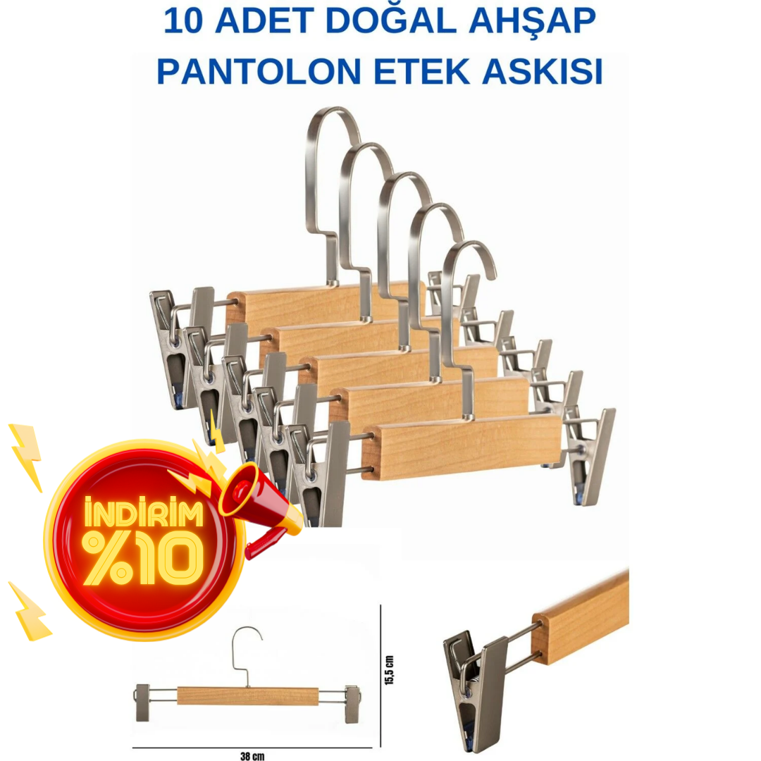 Lamine Yüksek Kalite 10 Adet Ahşap Pantolon Etek Askısı