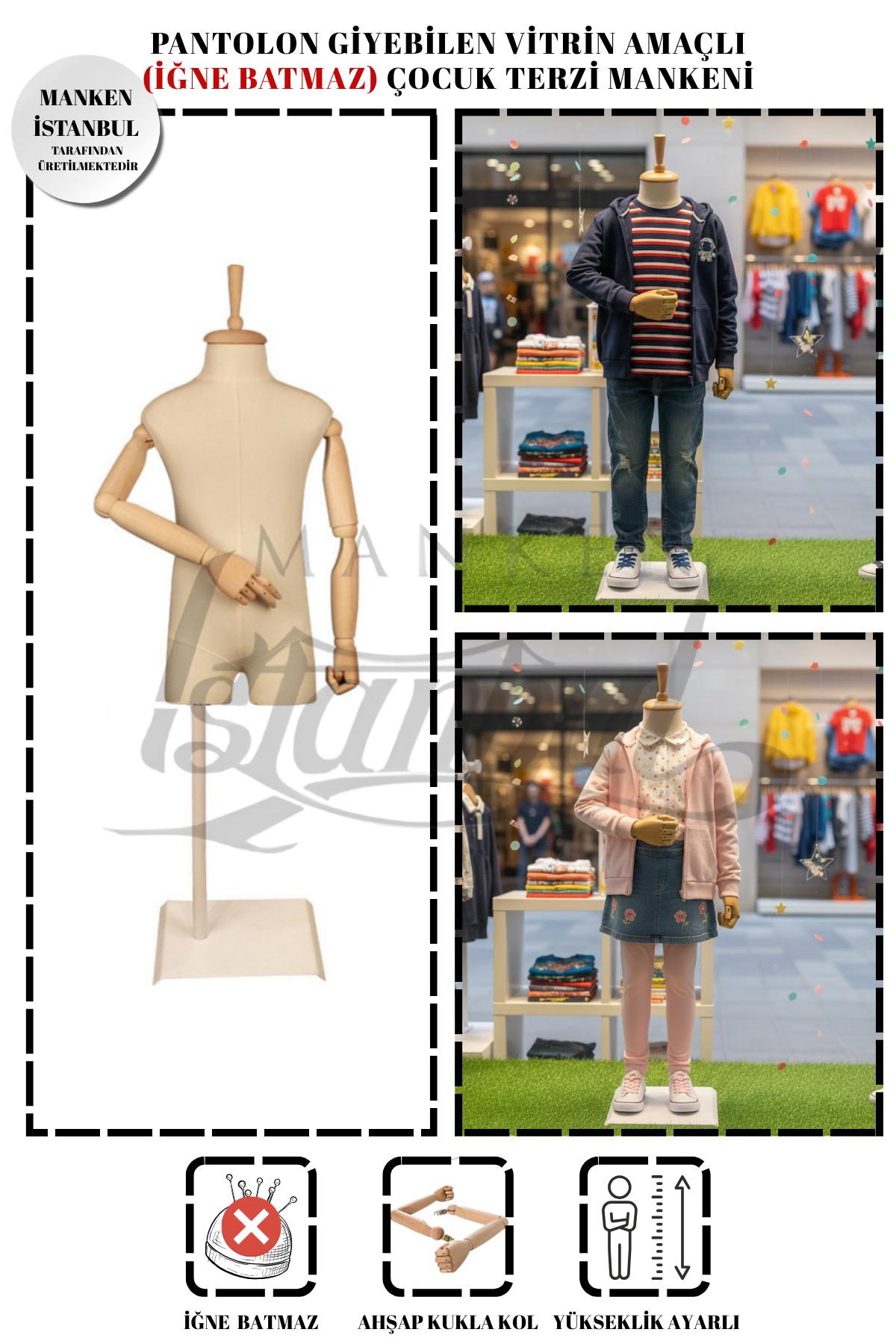Ahşap Kollu Pantolon Giyebilen Çocuk Terzi Mankeni Vitrin Mankeni