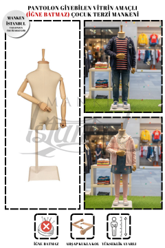 Ahşap Kollu Pantolon Giyebilen Çocuk Terzi Mankeni Vitrin Mankeni