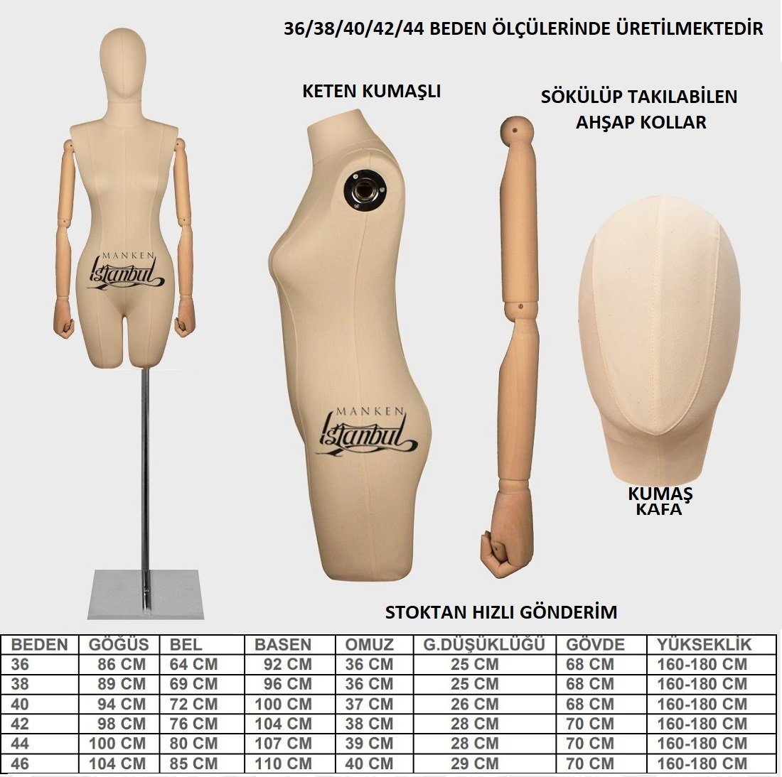 Keten Kumaş Pantolon Giyebilen Ahşap Kol Terzi Mankeni Vitrin Mankeni