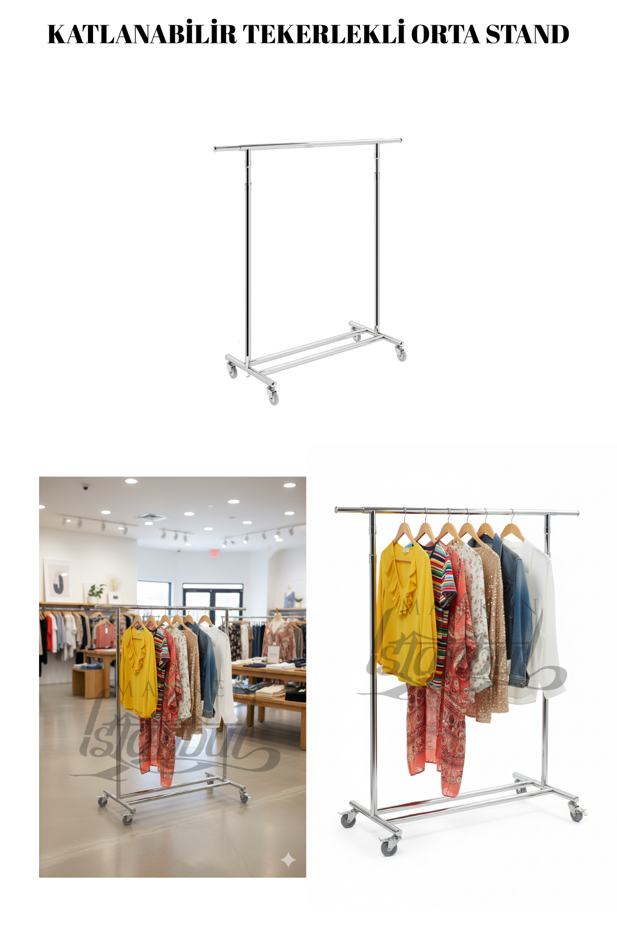 A Kalite Katlanabilir Tekerlekli Metal Orta Stand Elbise Askısı