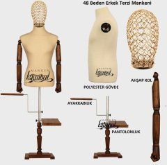 Erkek Tel Kafalı Ahşap Kollu Lüks Ayaklı Terzi Mankeni Vitrin Mankeni