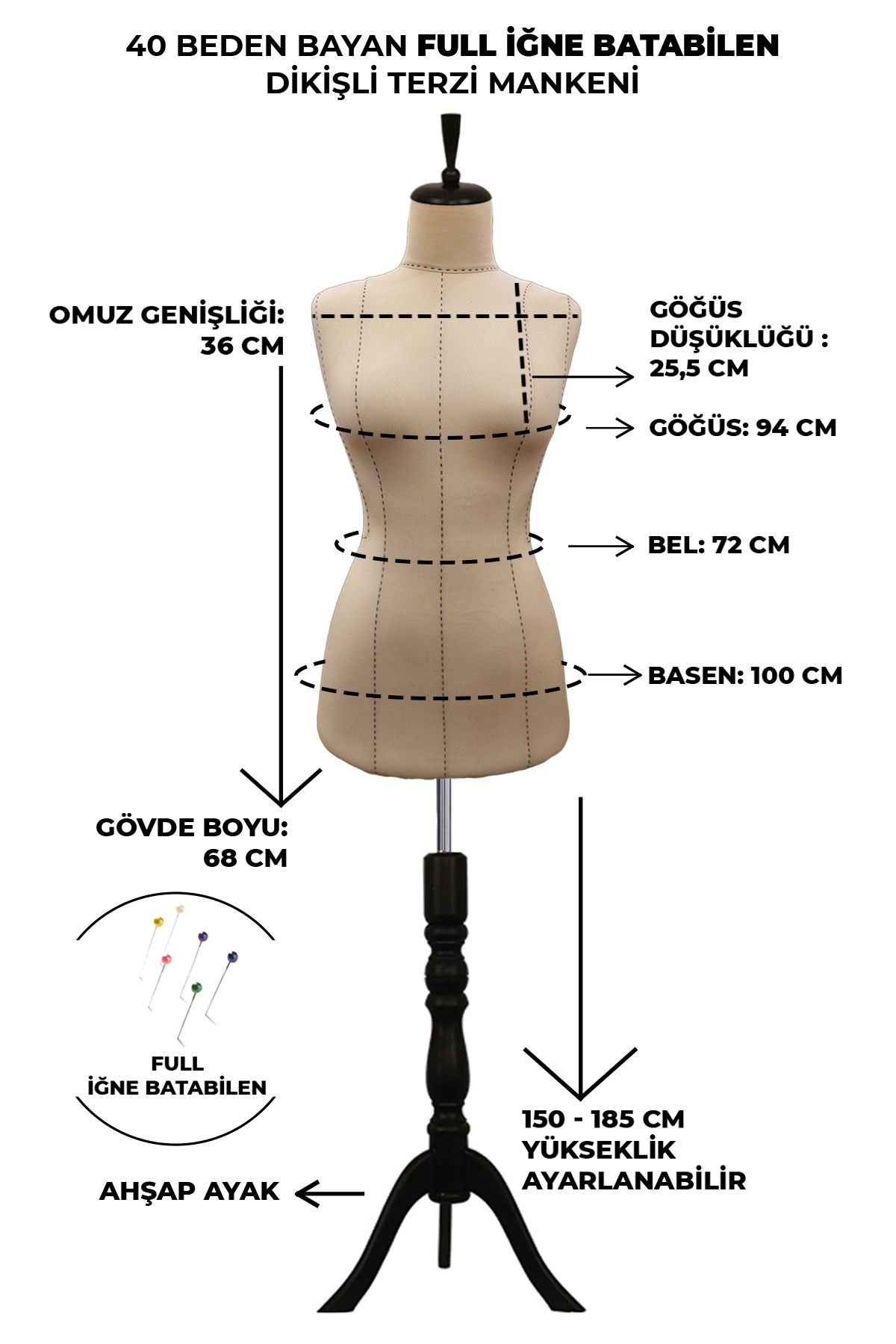 Yüksek Kalite Özel Punto Dikişli Full İğne Batabilen Terzi Mankeni 40 beden