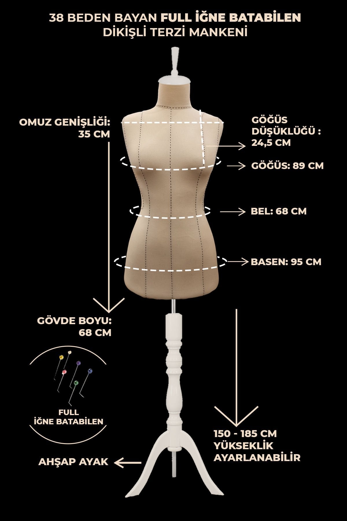 Yüksek Kalite Özel Punto Dikişli Full İğne Batabilen Terzi Mankeni 38 beden