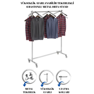 6 Adet Askılı Yüksek Kalite Tekerlekli Krom Kaplama Metal Orta Stand