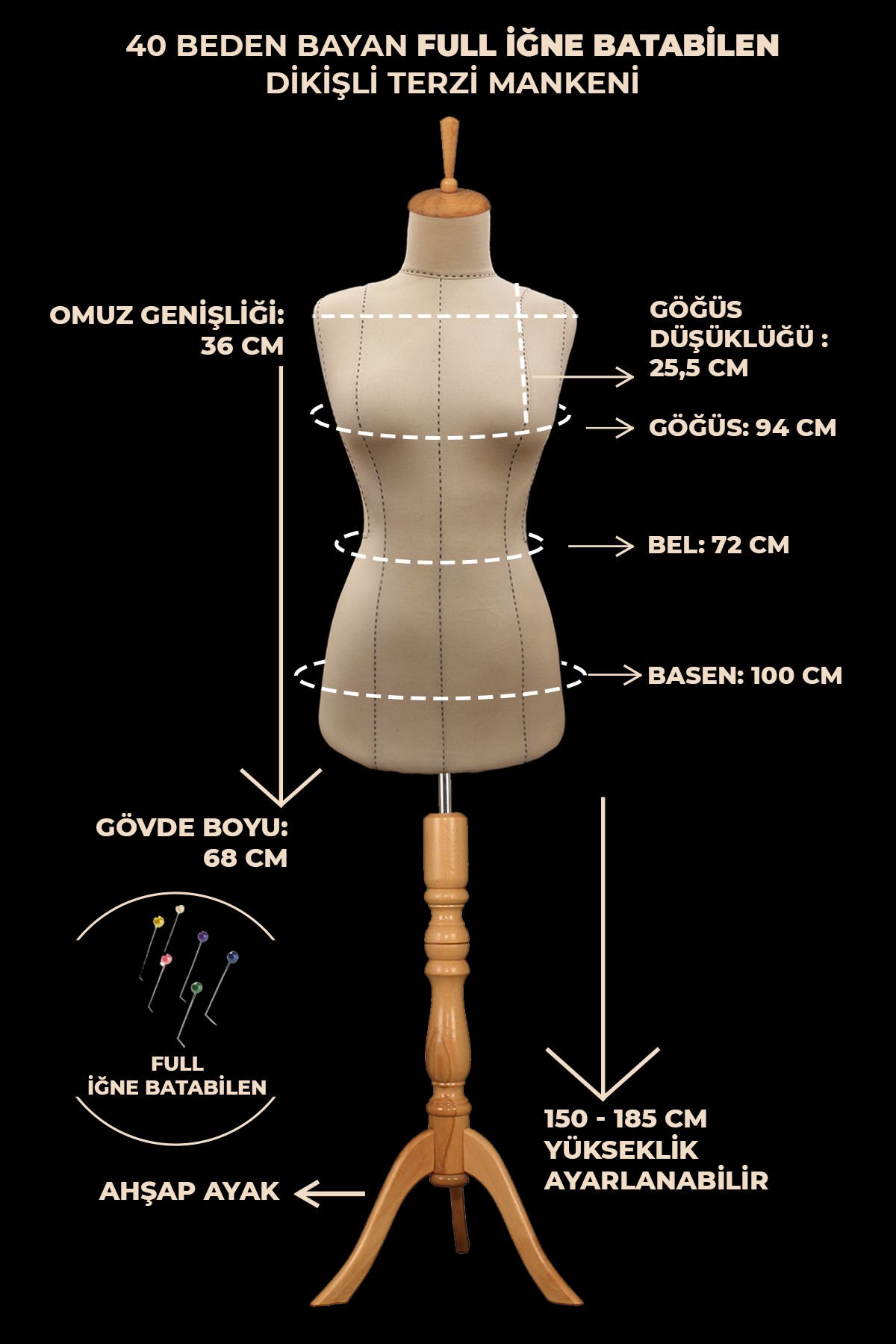 Yüksek kalite Özel Punto dikişli  full iğne batabilen terzi mankeni 40 beden