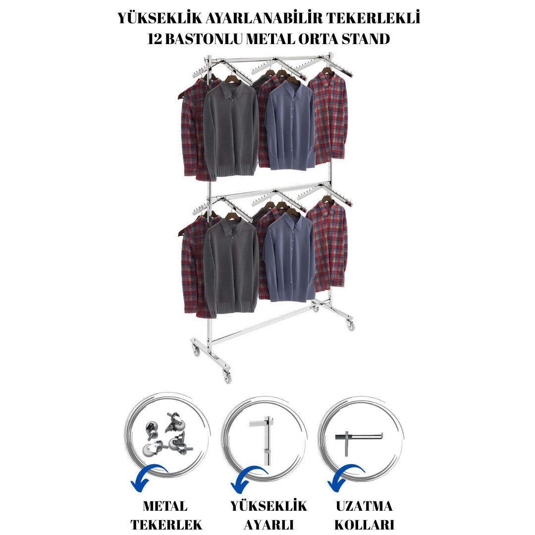 12 Adet Askılı Tekerlekli Yüksek Kalite Metal Orta Stand
