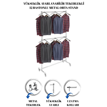 12 Adet Askılı Yüksek Kalite Tekerlekli Krom Kaplama Metal Orta Stand