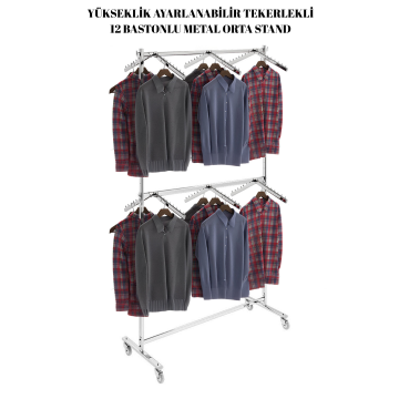 12 Adet Askılı Tekerlekli Yüksek Kalite Metal Orta Stand