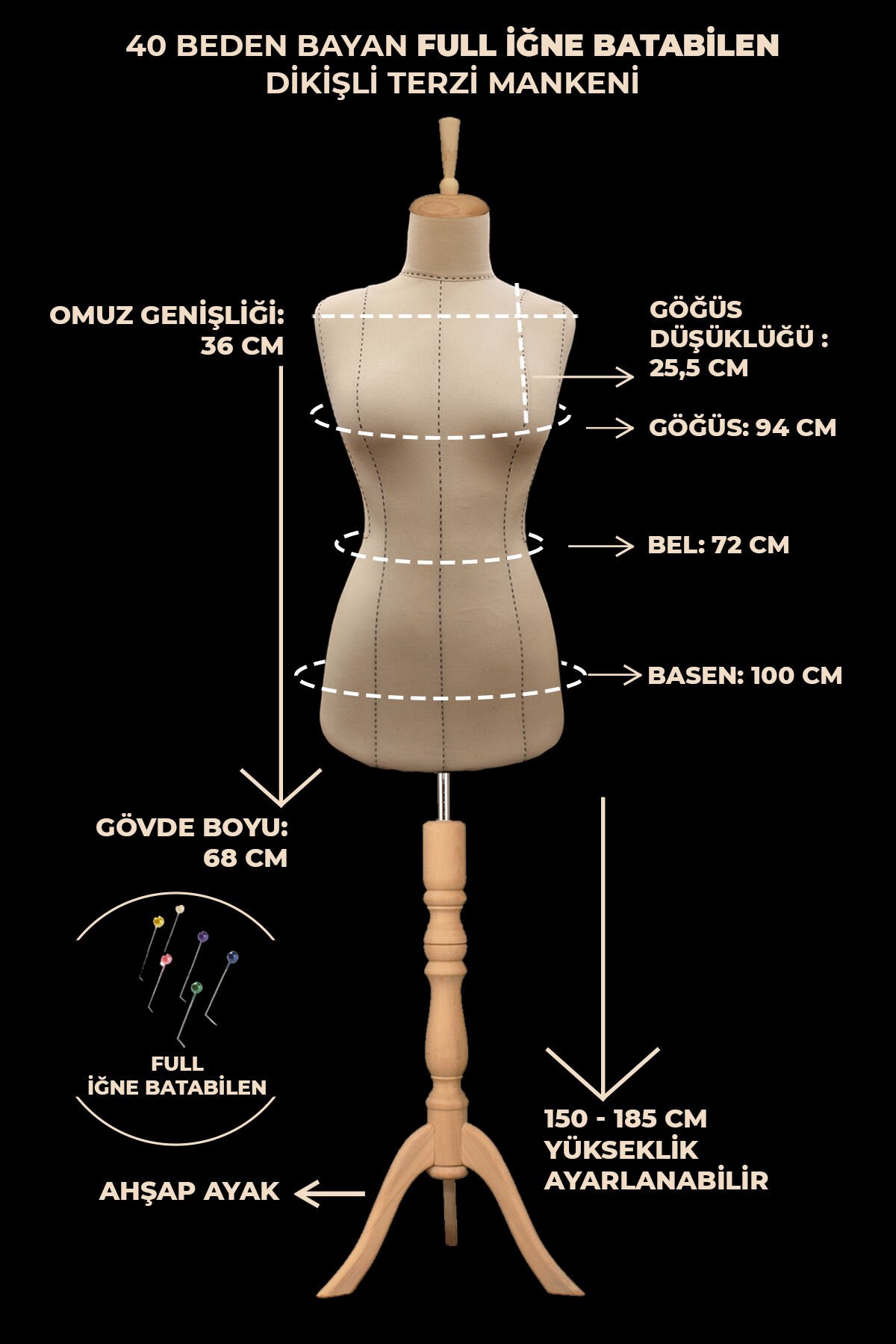 Yüksek Kalite Özel Punto Dikişli Full İğne Batabilen Terzi Mankeni 40 beden