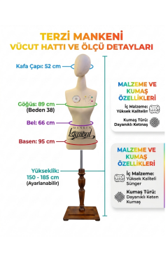 Kumaş Kafalı 38 Beden Süngerli Keten Kumaş Terzi Prova Mankeni