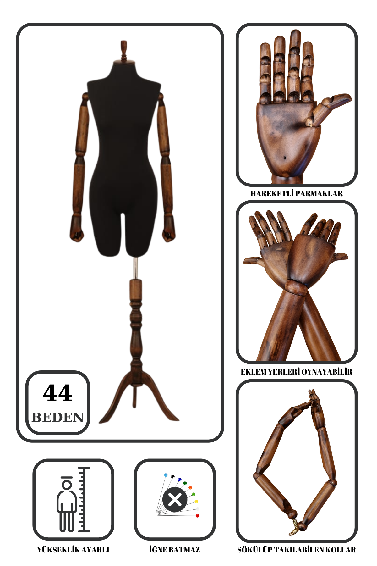 Pantolon Giyebilen Ahşap Kollu Terzi Mankeni Vitrin Mankeni 44 beden