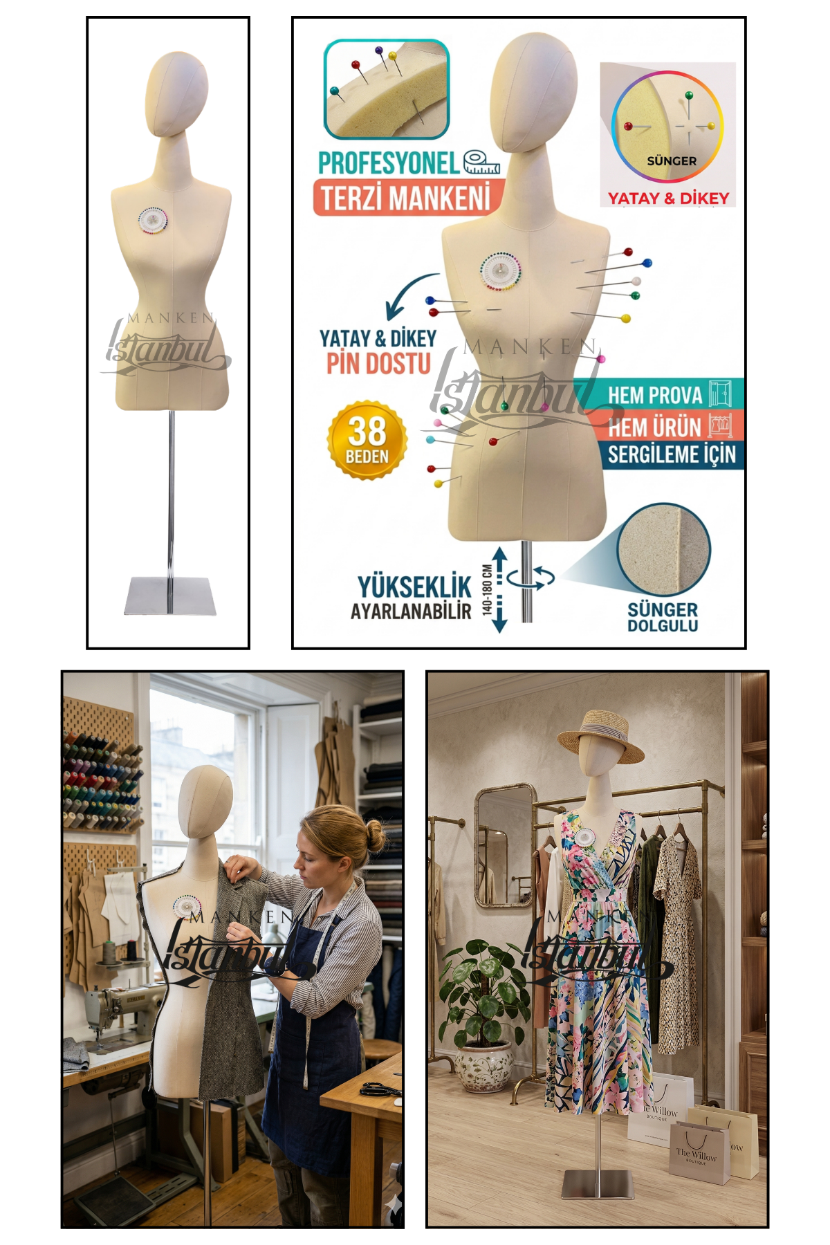 Kumaş Kafalı 38 Beden Süngerli Keten Kumaş Terzi Prova Mankeni