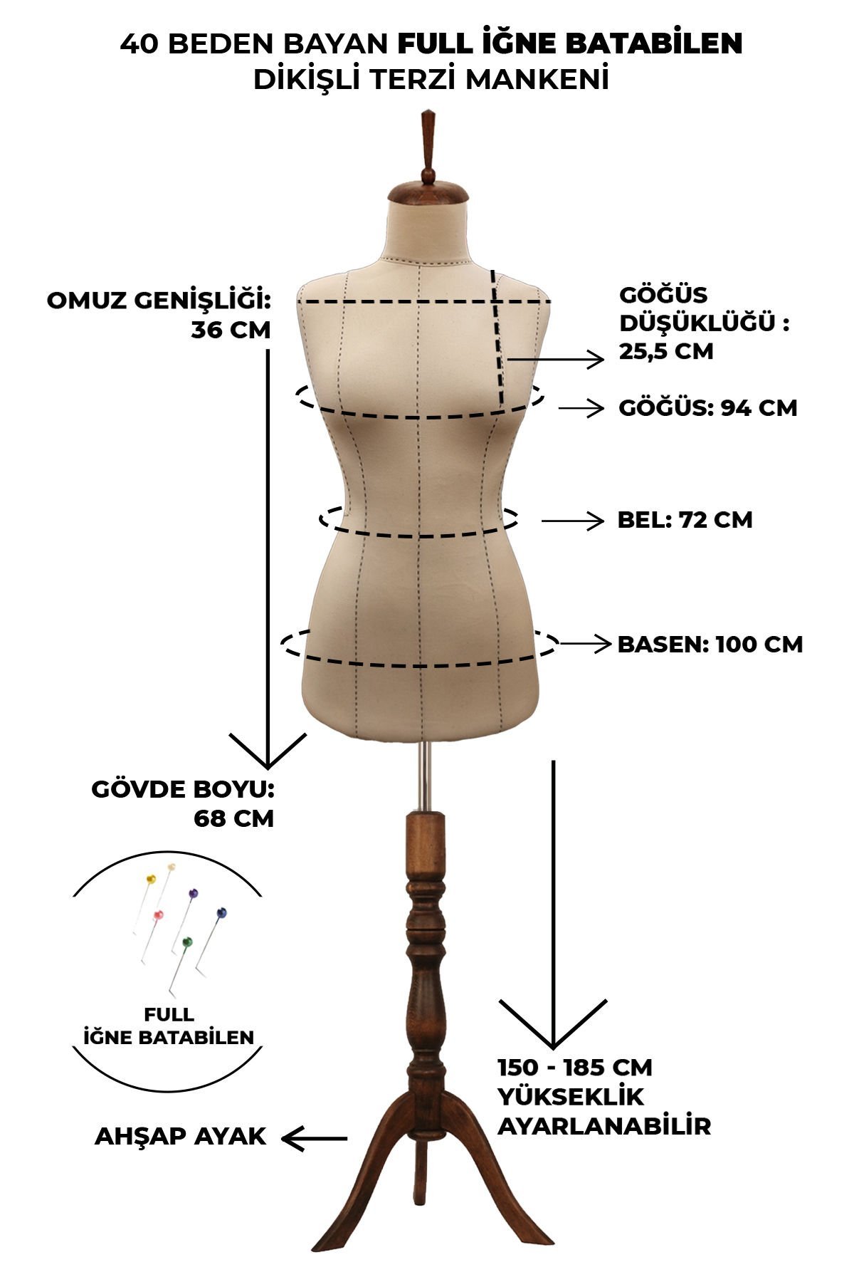 Yüksek Kalite Özel Punto Dikişli Full İğne Batabilen Terzi Mankeni 40 beden