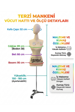 Kumaş Kafalı 38 Beden Süngerli Keten Kumaş Terzi Prova Mankeni