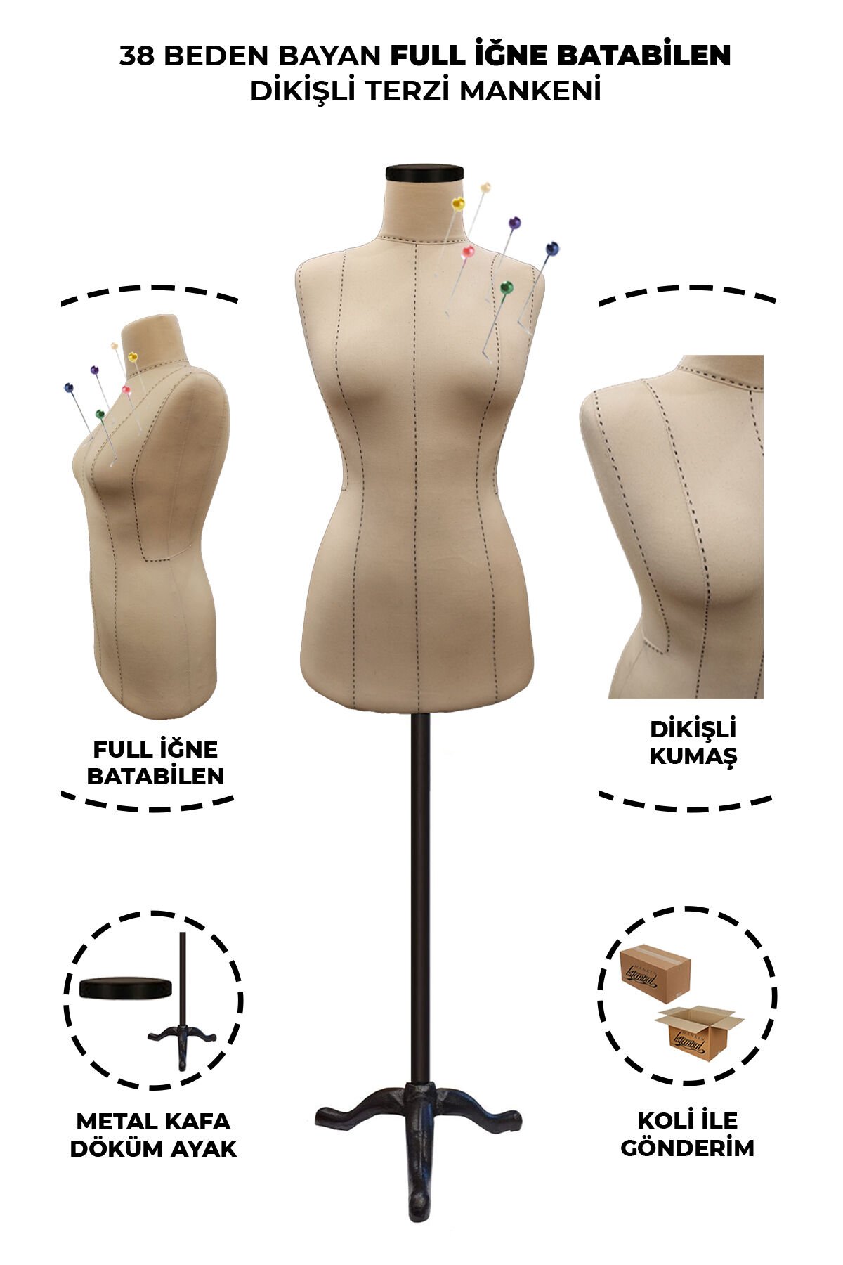 Yüksek Kalite Özel Punto Dikişli Full İğne Batabilen Terzi Mankeni 38 beden