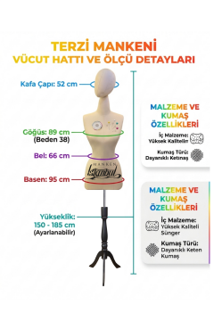 Kumaş Kafalı 38 Beden Süngerli Keten Kumaş Terzi Prova Mankeni