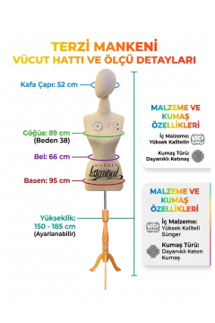 Kumaş Kafalı 38 Beden Süngerli Keten Kumaş Terzi Prova Mankeni